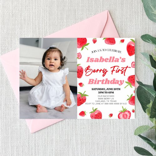 Strawberry Berry First Picture 1st Birthday Party Invitation