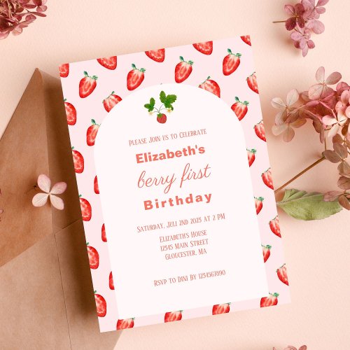 Strawberry Berry First Pink Birthday Invitation