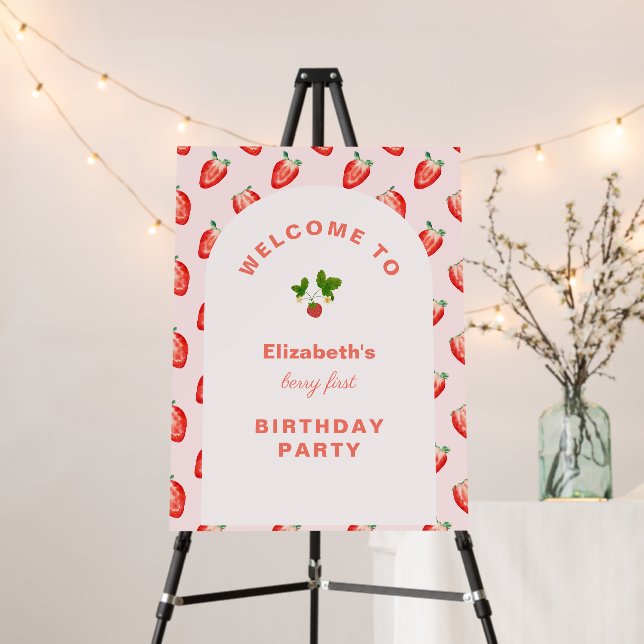 Strawberry Berry First Pink Birthday Welcome Sign (In Situ (Stand))