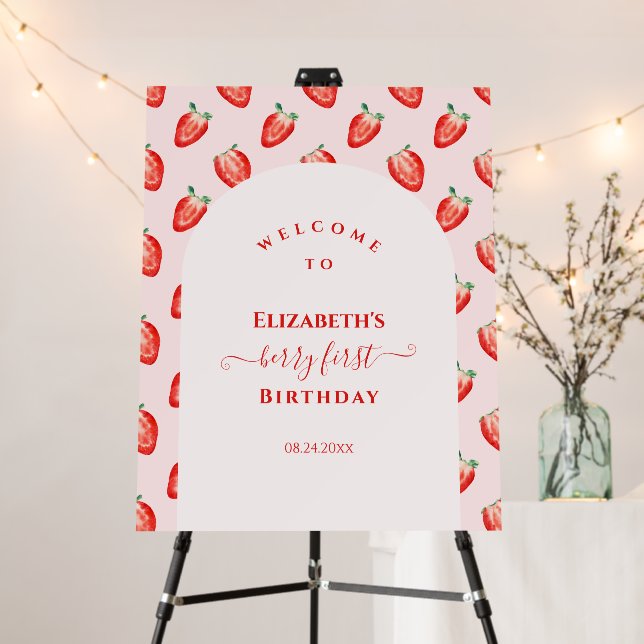 Strawberry Berry First Pink Birthday Welcome Sign (In Situ (Stand))