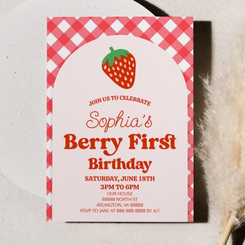 Strawberry Berry First Pink Red 1st Birthday Party Invitation