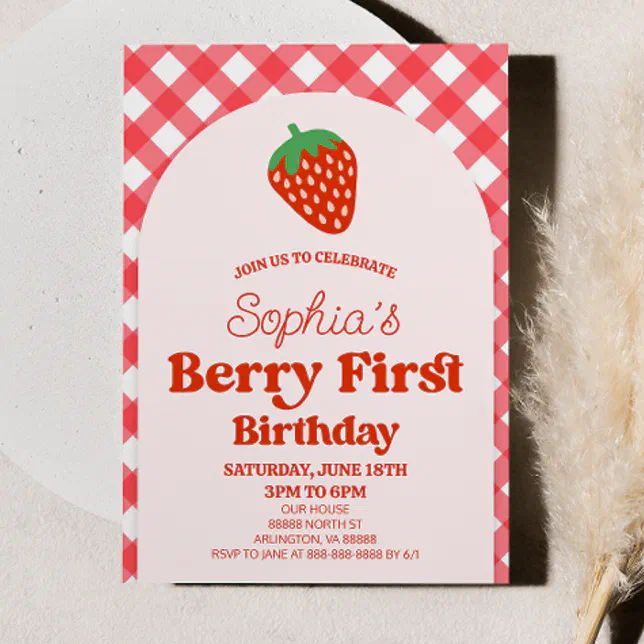 Strawberry Berry First Pink Red 1st Birthday Party Invitation | Zazzle