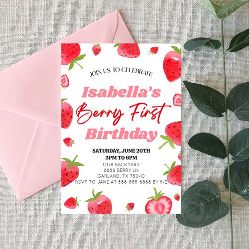 Strawberry Berry First Pink Red 1st Birthday Party Invitation