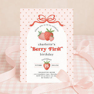 Strawberry Berry First Red Bow 1st Birthday Invitation