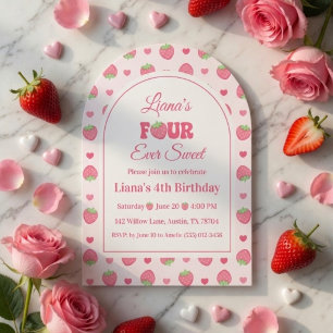 Strawberry Berry Four Ever Sweet Girl 4th Birthday Invitation