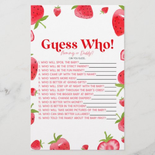 Strawberry Berry Guess Who Baby Shower Game Stationery