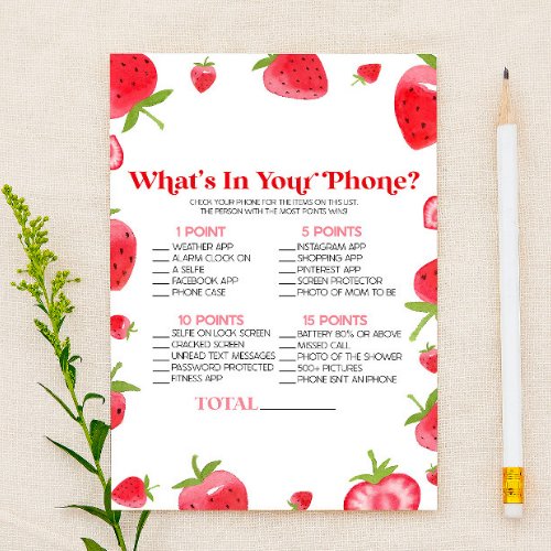 Strawberry Berry In Your Phone Baby Shower Game Stationery