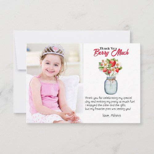 Strawberry Berry Much Girl Birthday with Photo  Thank You Card