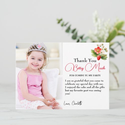 Strawberry Berry Much Girl Birthday with Photo Thank You Card
