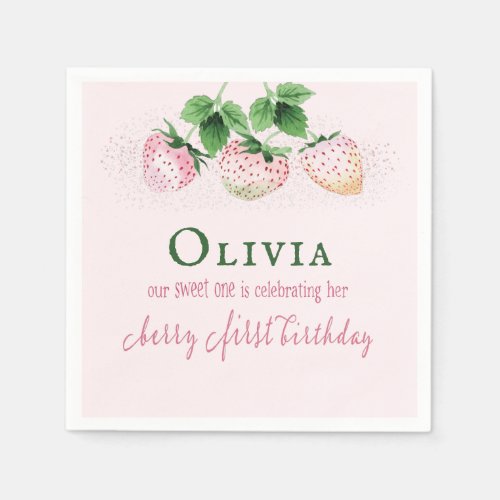 Strawberry Berry Pink First Birthday Sign Napkins