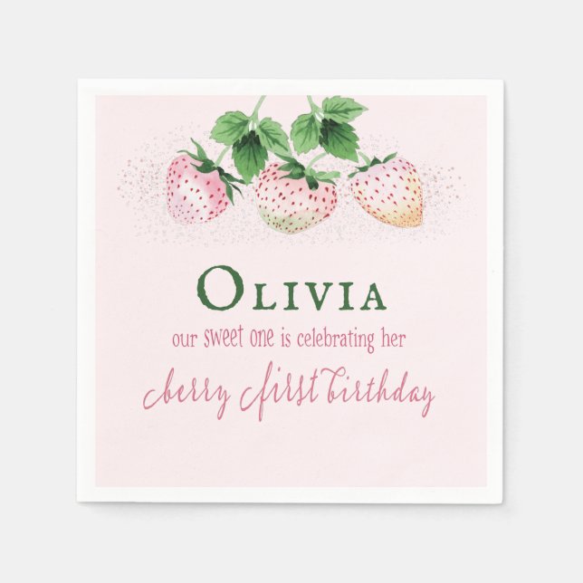 Strawberry Berry Pink First Birthday Sign Napkins (Front)