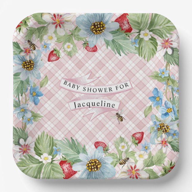 Strawberry Berry Pink Gingham Baby to Bee Shower Paper Plates (Front)