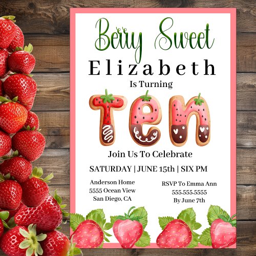 Strawberry Berry Sweet 10th Birthday Invitation