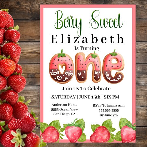 Strawberry Berry Sweet 1st Birthday Invitation