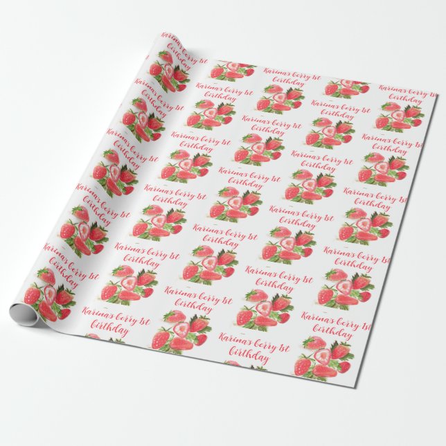 Strawberry Berry Sweet 1st Birthday party Cute Wrapping Paper (Unrolled)