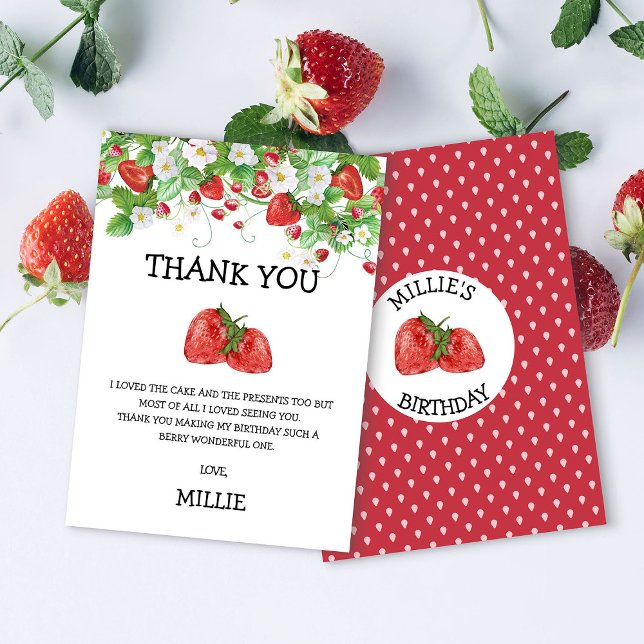 Strawberry Berry Sweet 1st Birthday Thank You Card (Creator Uploaded)