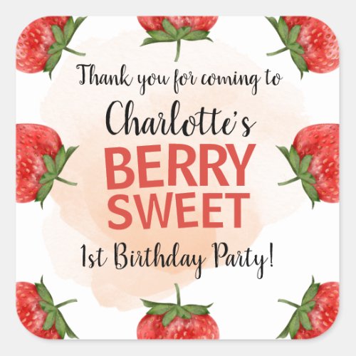 Strawberry Berry Sweet 1st Birthday Thank You  Square Sticker
