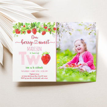 Strawberry Berry Sweet 2nd Birthday Invitation by LittlePrintsParties at Zazzle