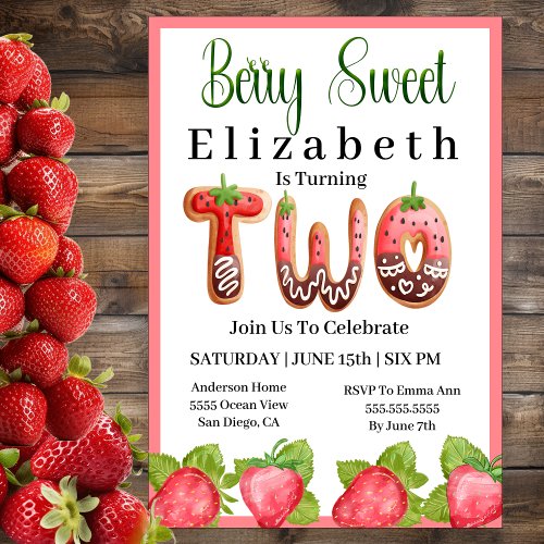 Strawberry Berry Sweet 2nd Birthday Invitation