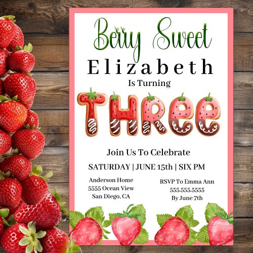 Strawberry Berry Sweet 3rd Birthday Invitation