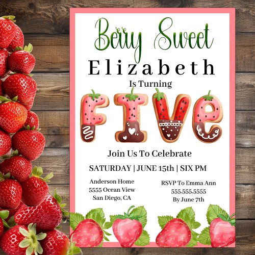 Strawberry Berry Sweet 5th Birthday Invitation