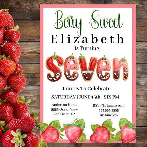 Strawberry Berry Sweet 7th Birthday Invitation
