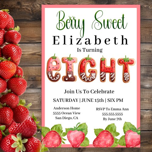 Strawberry Berry Sweet 8th Birthday Invitation