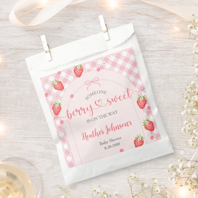Strawberry Berry Sweet Baby Girl Baby Shower Favor Bag (Clipped)