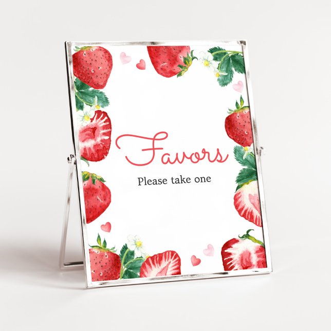 Strawberry Berry Sweet Baby Shower Favors Poster (A Berry Sweet Strawberry Baby Shower Favors Sign)