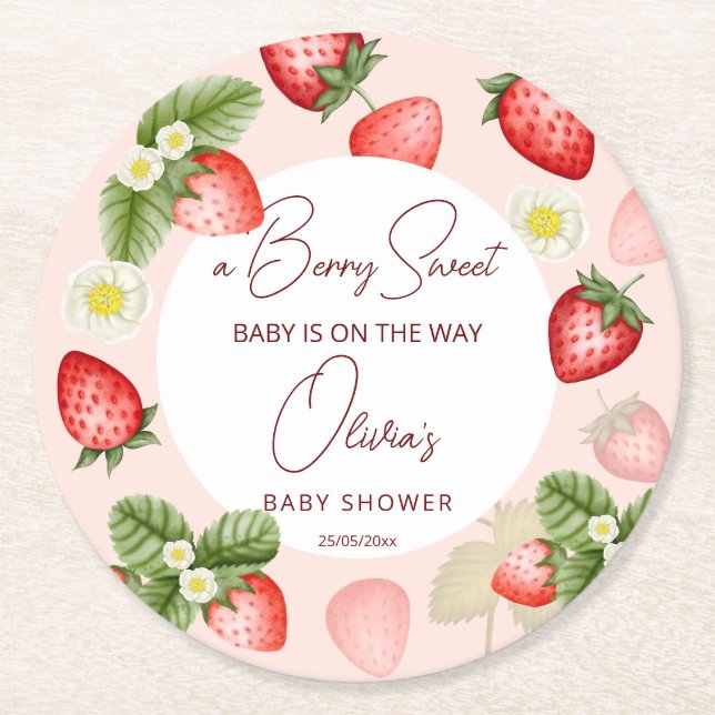 Strawberry berry sweet baby shower favors round paper coaster (Front)