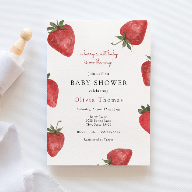 Strawberry baby shower store invitations