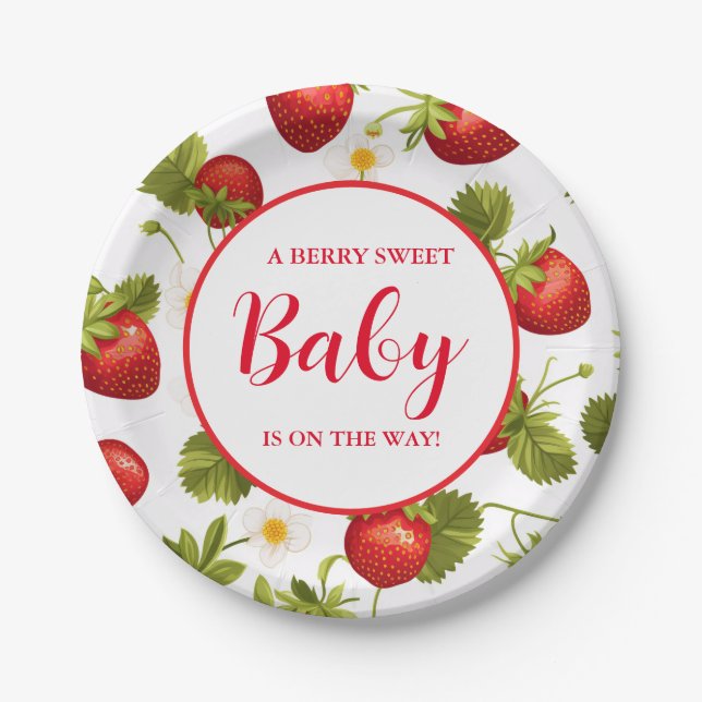 Strawberry Berry Sweet Baby shower On the way  Paper Plates (Front)