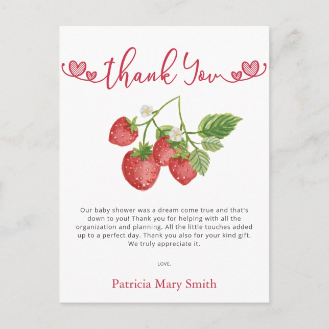 Strawberry Berry Sweet Baby Shower Thank You Postcard (Front)