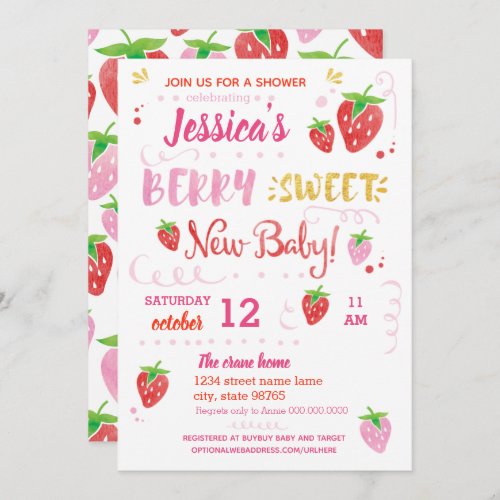 Strawberry BERRY SWEET baby shower Watercolor Invitation