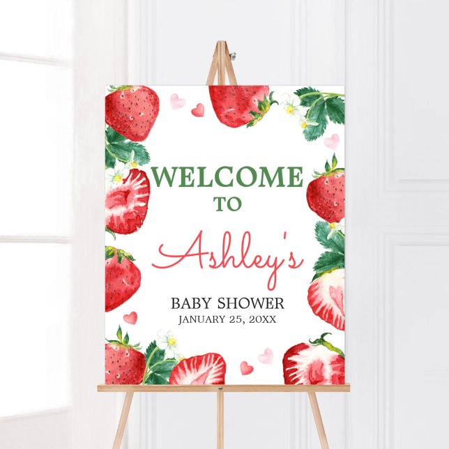 Strawberry Berry Sweet Baby Shower Welcome Poster (A Berry Sweet Strawberry Baby Shower Welcome Sign)