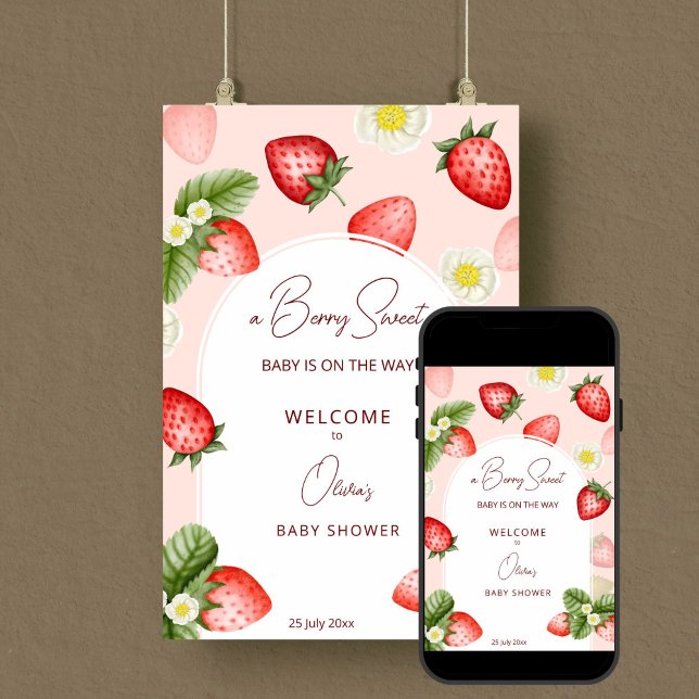 Strawberry  berry sweet baby shower welcome sign (Strawberry berry sweet baby shower pink welcome sign poster editable template digital download)