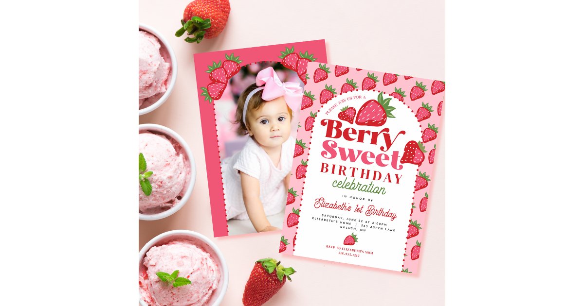 Strawberry Berry Sweet Berry First Birthday Photo Invitation | Zazzle