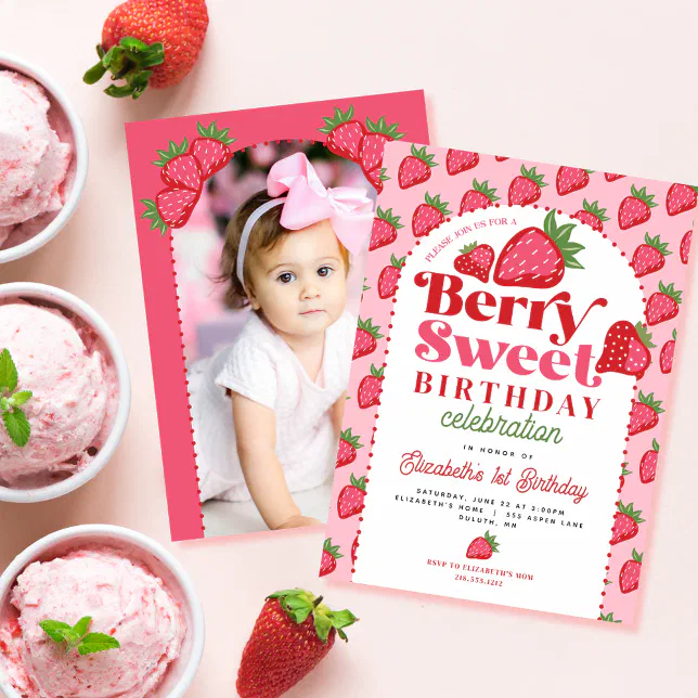 Strawberry Berry Sweet Berry First Birthday Photo Invitation | Zazzle