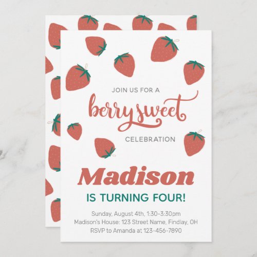 Strawberry Berry Sweet Birthday Party Any Age Invitation