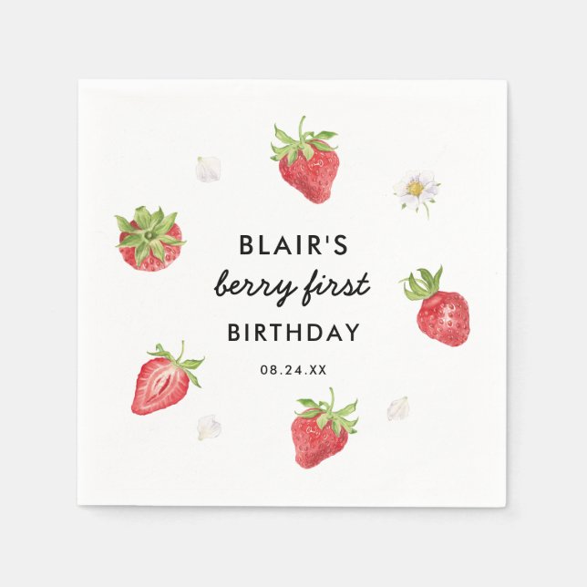 Strawberry Berry Sweet Birthday Party Napkins (Front)
