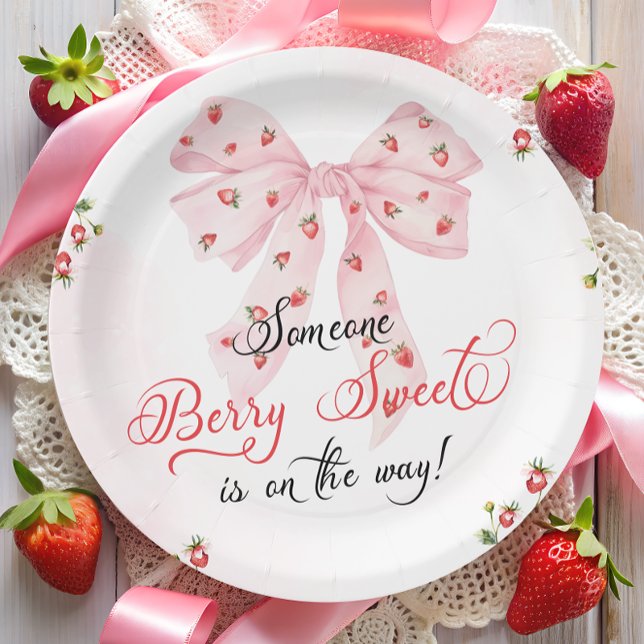 Strawberry Berry Sweet Blush Pink Bow Baby Shower Paper Plates (Creator Uploaded)
