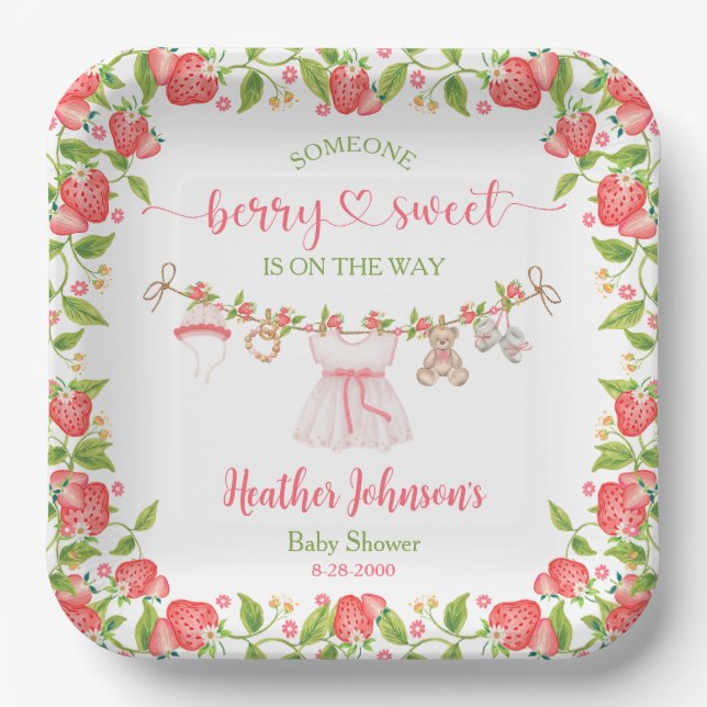 Strawberry Berry Sweet Clothesline Baby Shower  Paper Plates (Front)