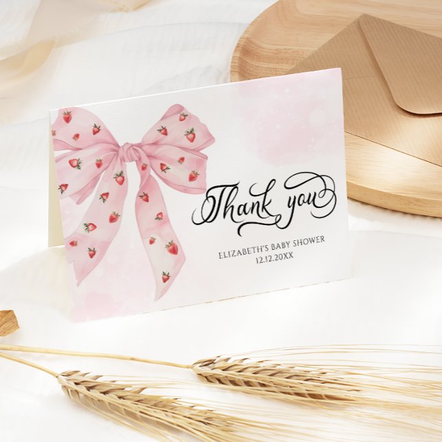 Strawberry Berry Sweet Cute Pink Bow Thank You Card (Creator Uploaded)