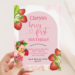 Strawberry Berry Sweet First Birthday Blonde Girl Invitation