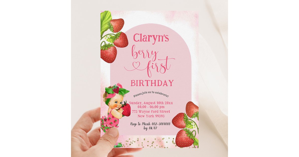 Strawberry Berry Sweet First Birthday Blonde Girl Invitation | Zazzle