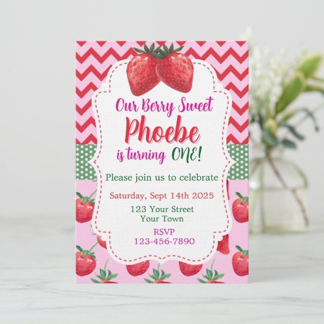 Strawberry Berry Sweet First Birthday Invitation (Standing Front)