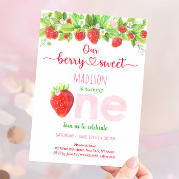 Strawberry Berry Sweet First Birthday Invitation by LittlePrintsParties at Zazzle