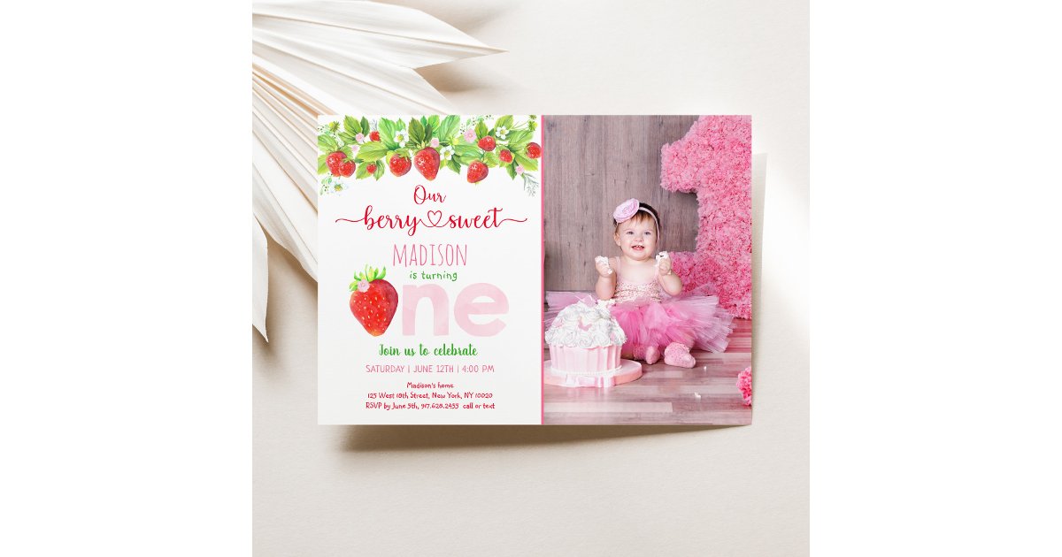 Strawberry Berry Sweet First Birthday Invitation | Zazzle