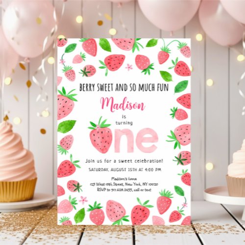 Strawberry Berry Sweet First Birthday Invitation