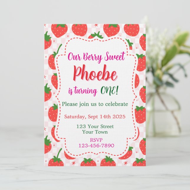 Strawberry Berry Sweet First Birthday Invitation (Standing Front)